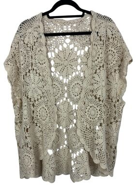 Crochet Open-Front Ramie Cotton Blend Shawl/ Cardigan